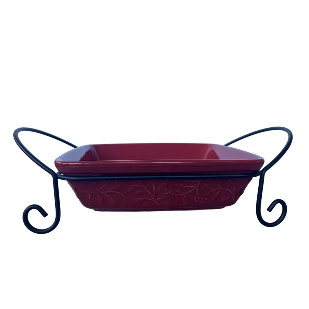 Signature Housewares Red Stoneware Baking Dish with Iron Stand